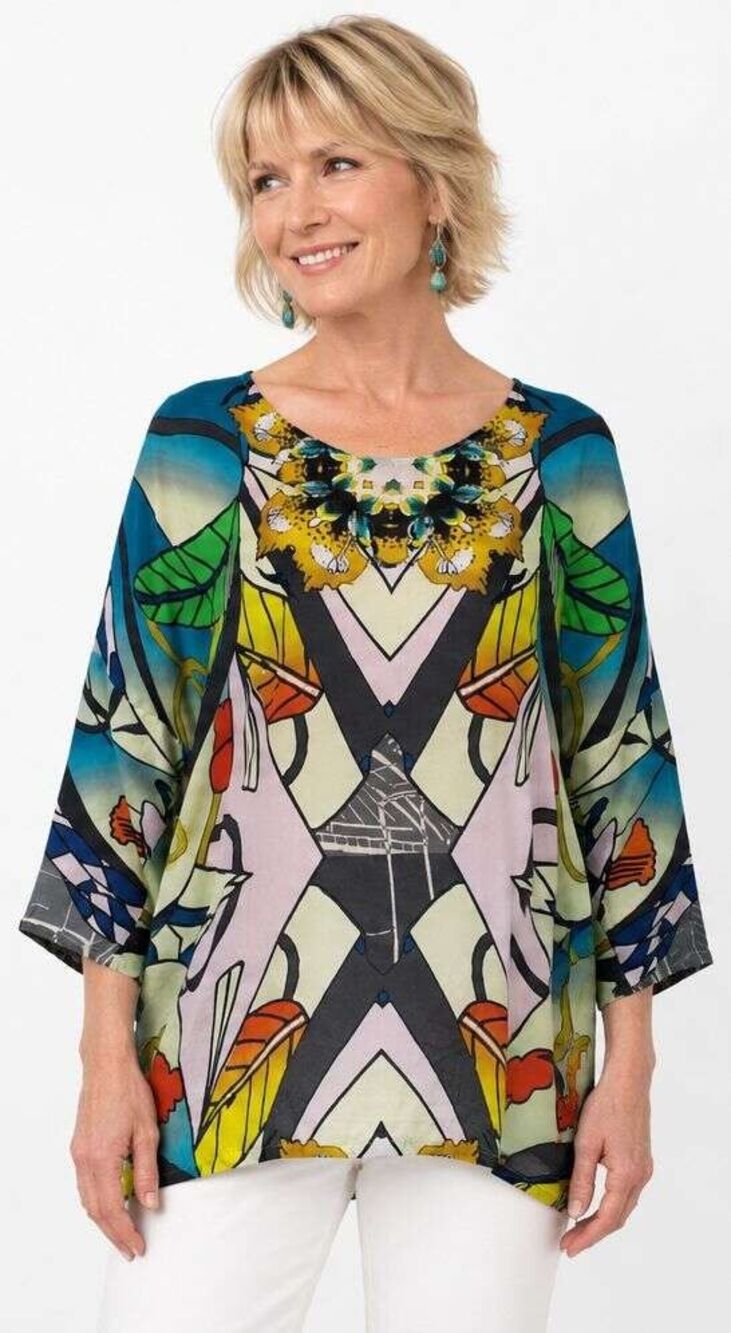Johnny Was Large Silk Intarsia Kaleidoscope 3/4 Sleeve Tunic Top NWOT